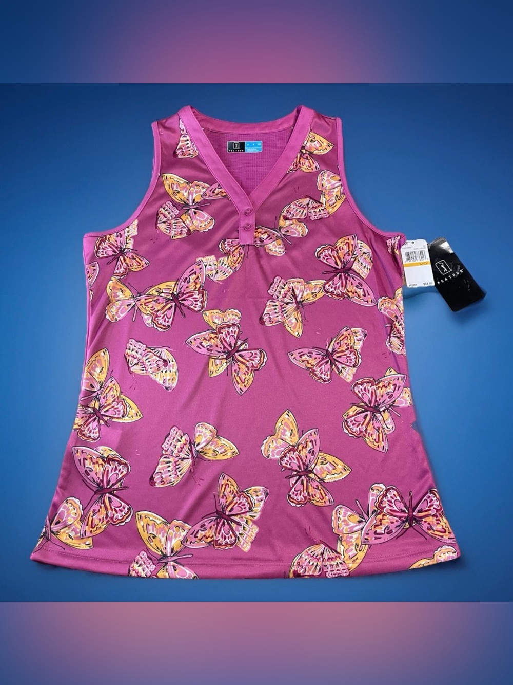 NWT PGA TOUR Women's Sleeveless Golf Polo Shirt S Purple Orchid Butterfly Print
